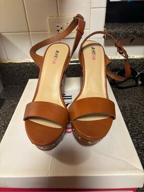 JustFab Brown Tan Platform Ankle-Strap Sandals